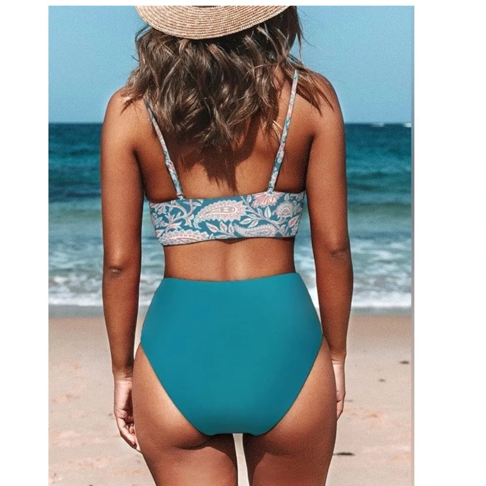 NWT High Waist Adjustable Strap Turquoise &‎ Orange Paisley Bikini SIZE LARGE
